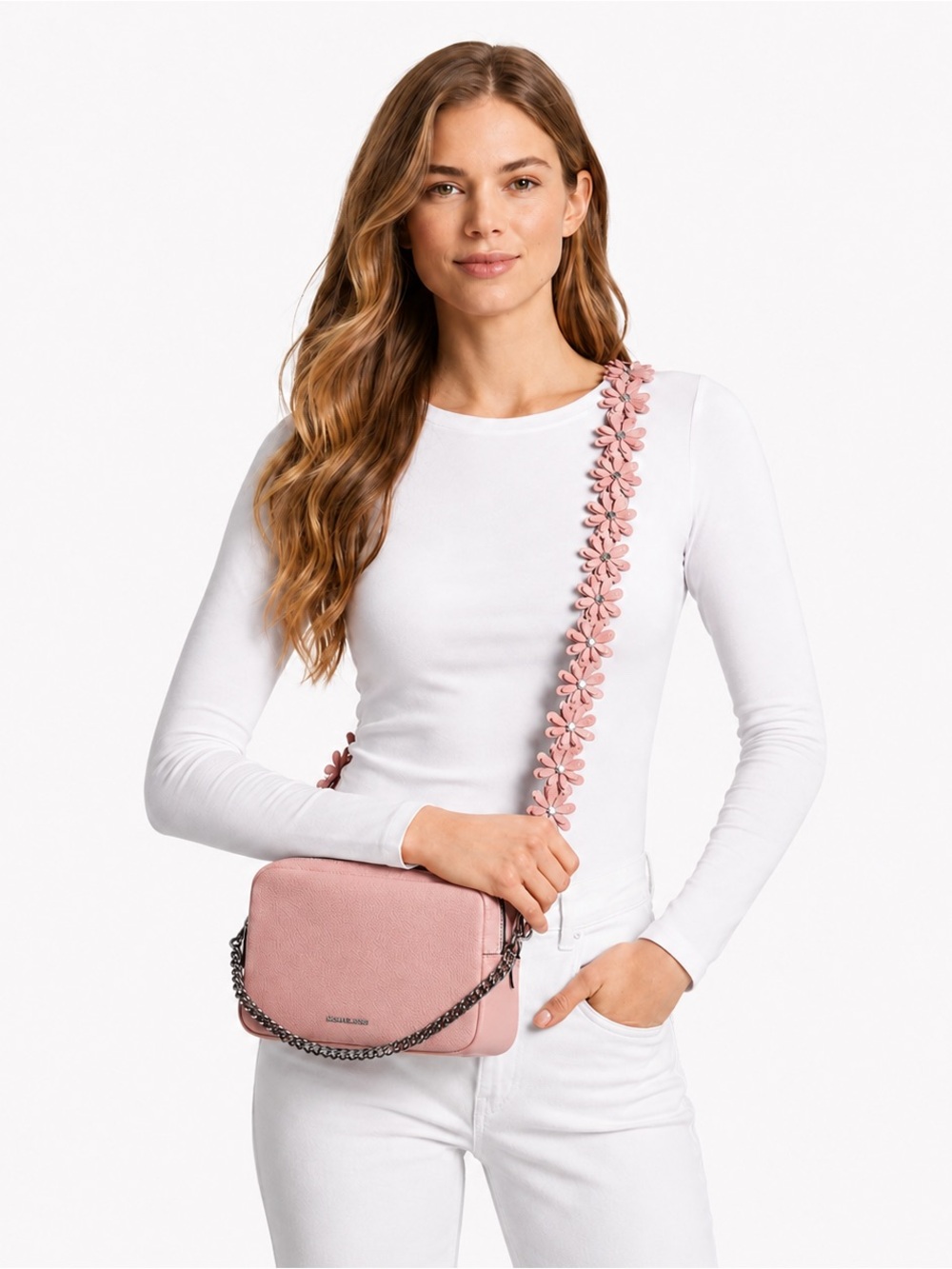 Michael Kors Bryant Smokey Rose Floral Strap Leather Crossbody